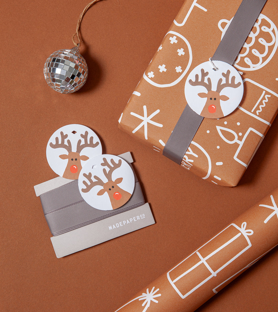 MadePaperCo Christmas 2024 Big Xmas Chestnut wrapping paper Reindeer gift tags grey ribbon