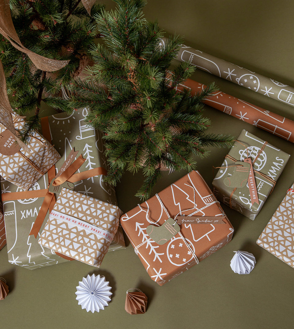 Made Paper Co wrapping paper green chestnut gold